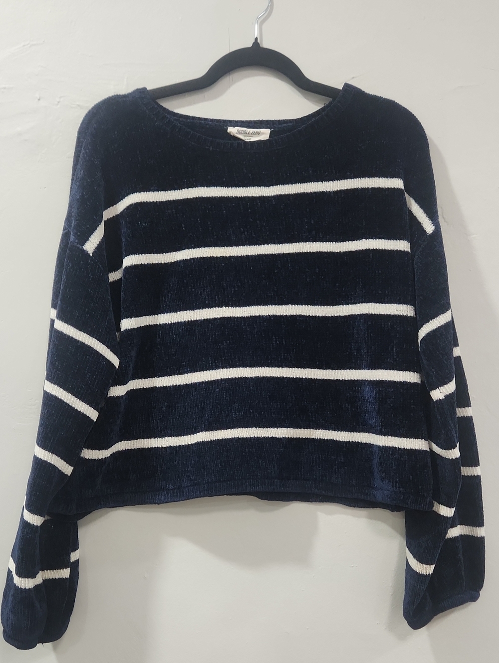 Double Zero Navy and White Striped Chenille Crewneck Sweater